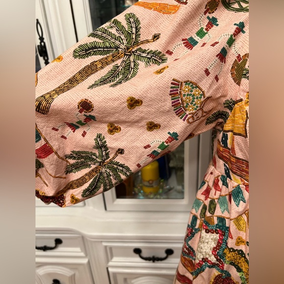 FARM Rio Pink Ruffled Tropical Print Tiered Maxi Dress Balloon Sleeves L - Picture 4 of 13